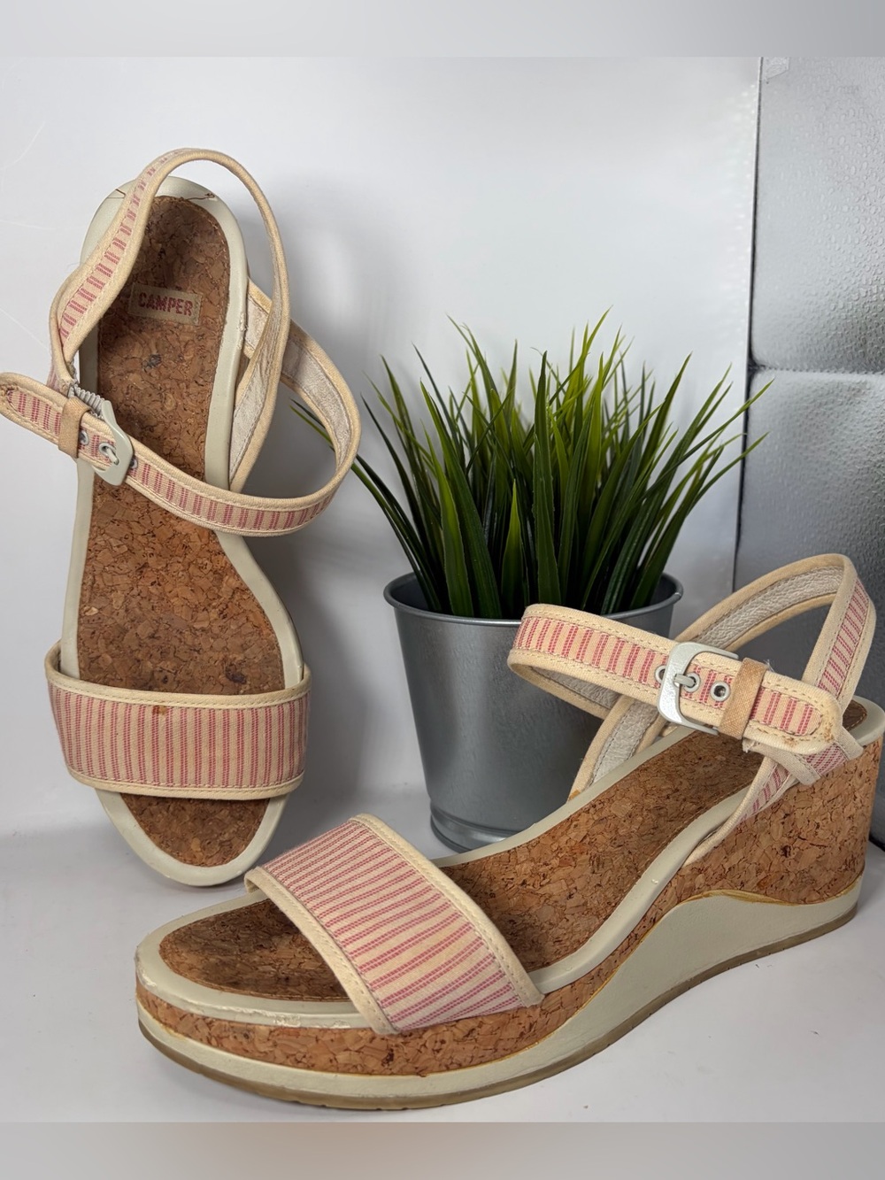 Camper Striped Cork Wedge Sandals Pink & Cream Stripe Size 39